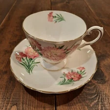 Vintage Tuscan Bone China Cup & Saucer Set "Birthday Flowers" January Carnation 