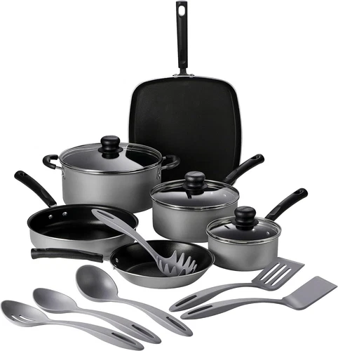 New-15 pc Aluminum Nonstick Cookware Set with Utensils - Silver, 8014