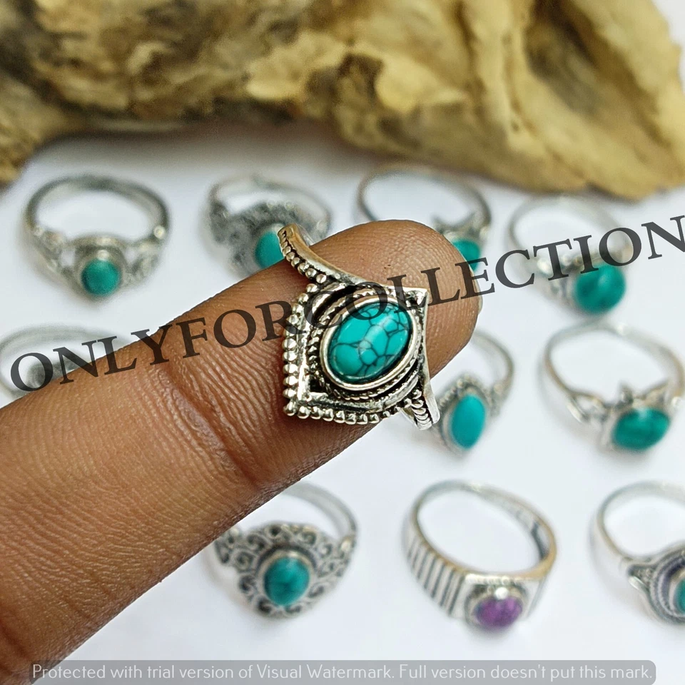 Lote de anillos de moda para mujer hechos a mano con piedras preciosas turquesa enchapados en plata de ley 925 Foto 2 de 3