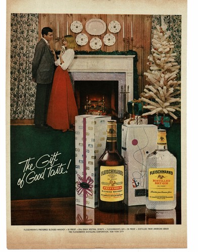 1959 Fleischmann's Gin Ginger Whiskey white flocked Christmas Tree Print Ad