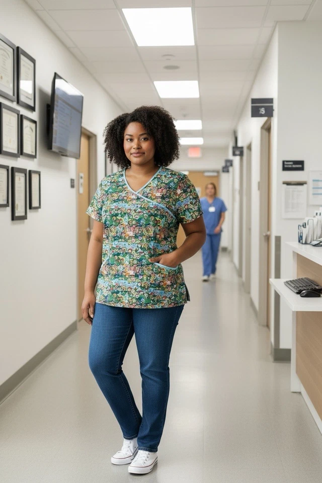 Tokidoki by Koi Scrub Top, Green Multicolor, Pockets, Drawstring Back, Women XL - Image 3 of 4
