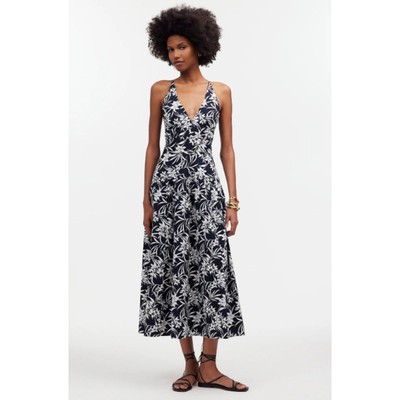 Madewell Smocked Halter Midi Dress Deep Indigo Blue Size 12 NWOT
