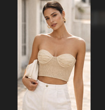 Zara Bustier Crop Top M Beige Linen Blend Underwire Sweetheart Smocked Festival