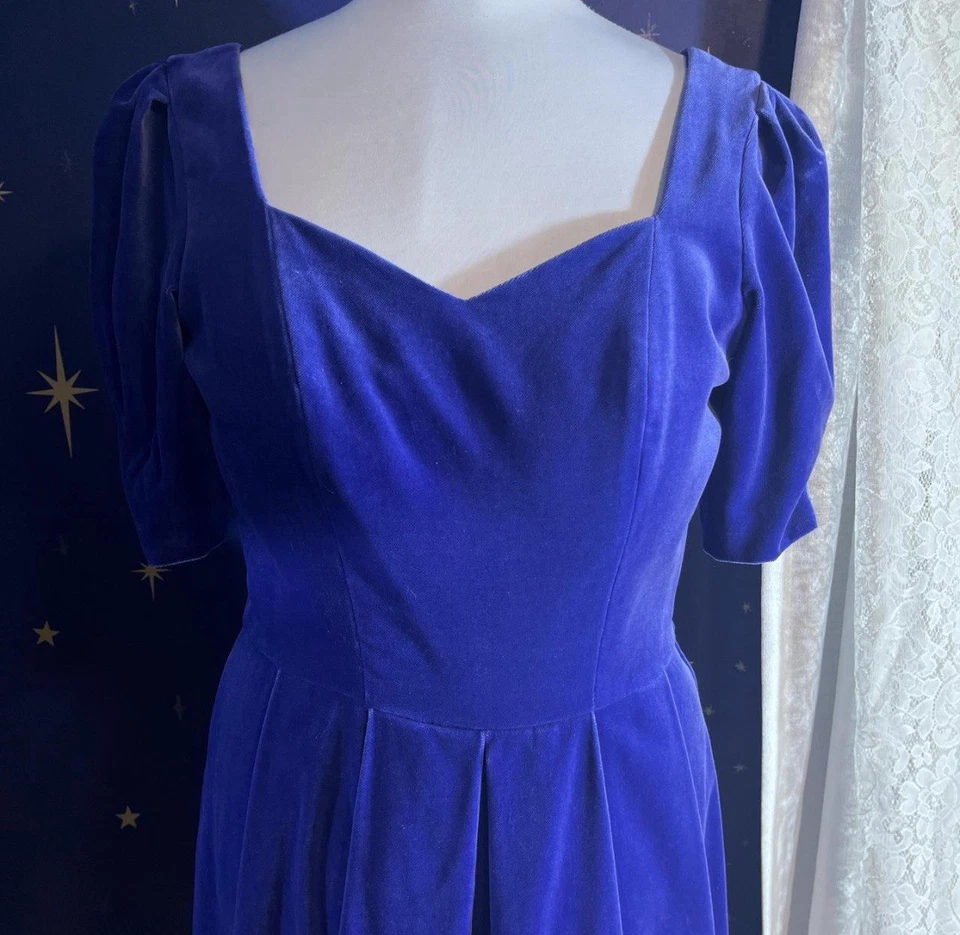 Vestido midi vintage anos 80 Laura Ashley azul roxo veludo ocasião especial 10 - Imagem 4 de 4