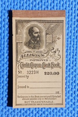 Allison's Improved $20.00 Credit Coupon Check Book. Complete. C. 191O Unused.