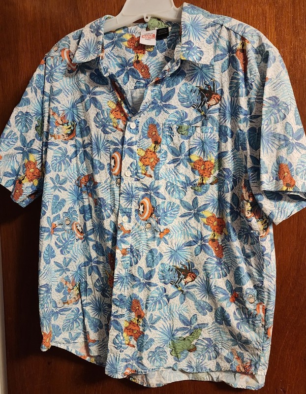 Marvel Avengers Hawaiian Button Up Camp Shirt Mens 2XL Iron Man Thor Hulk widow