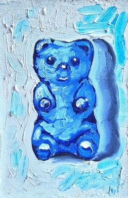 Gummibär blau Ölbild 10x15 cm Pastose Technik Ölgemälde auf Leinwandgewebe