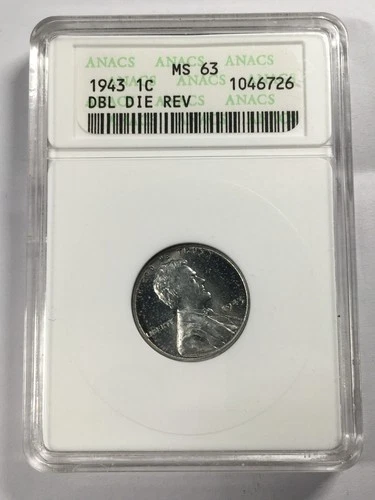 MINT ERROR 1943 LINCOLN STEEL CENT DOUBLE DIE REVERSE ANACS MS63 7EH25