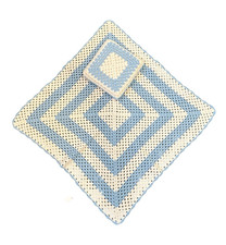 New Vintage Crochet Baby Blanket Handmade Blue Crib Soft 38" x 38"  Pillow