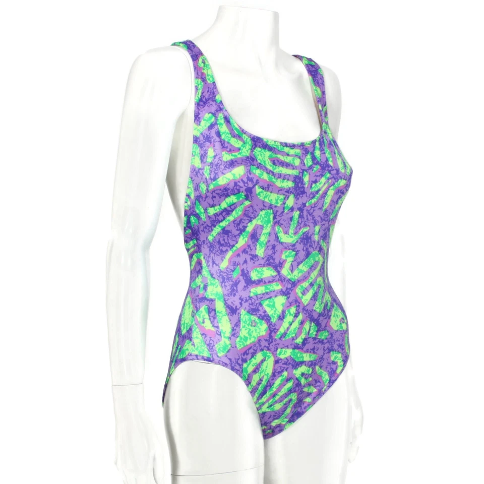 TRAJE DE BAÑO NEÓN de colección años 80 90 surf playa verde púrpura Baywatch para mujer talla 9/417 Foto 4 de 4