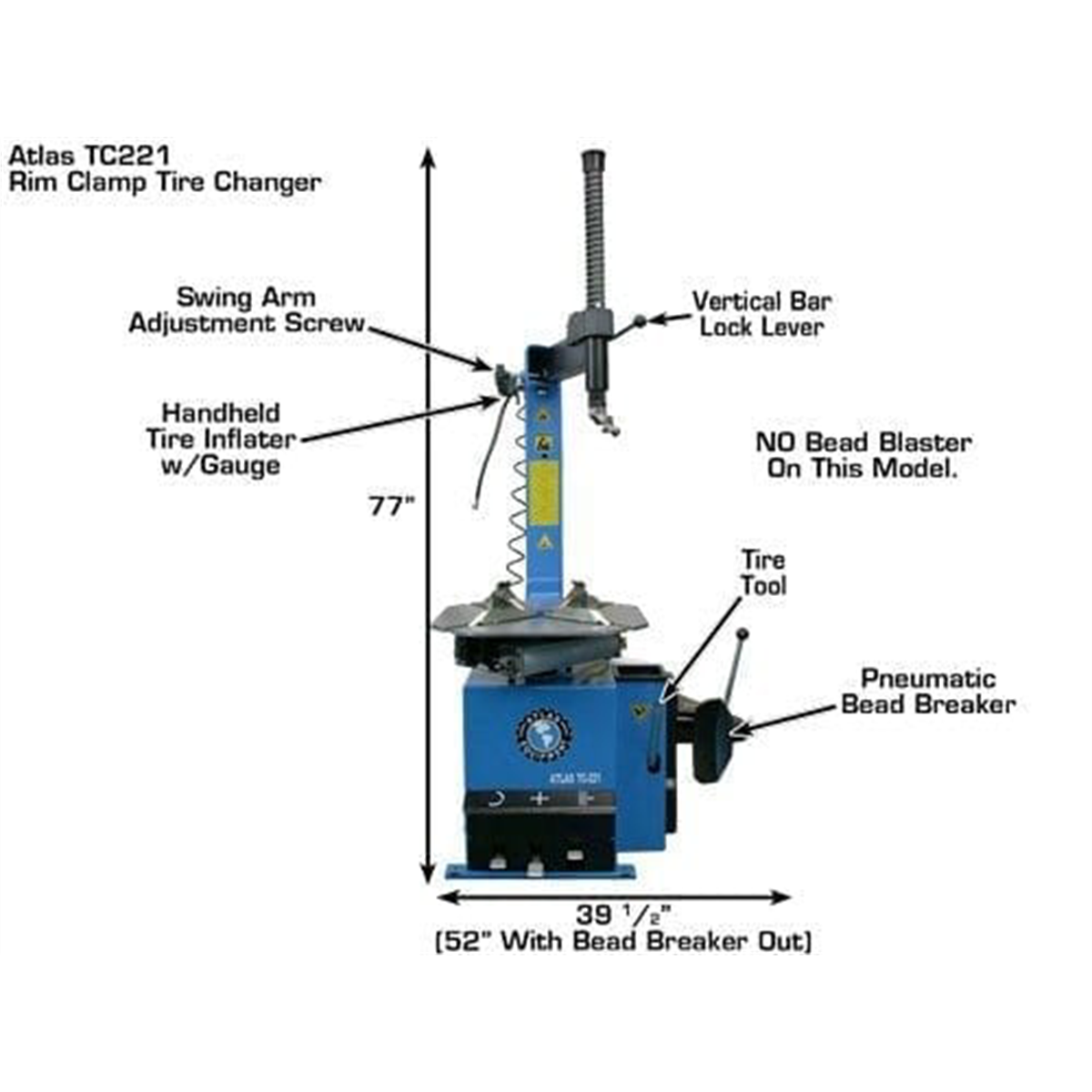 Atlas Automotive Equipment TC221 Tire Changer, Rim Clamp, Swing