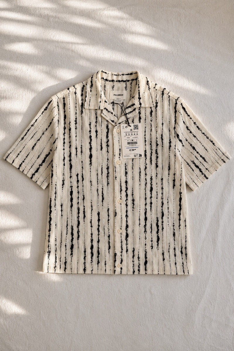 Pull & Bear Men's Camp Collar Shirt Cream Black Striped Cotton Size M NWT