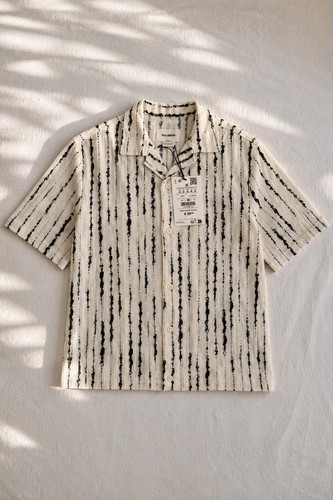 Pull & Bear Men's Camp Collar Shirt Cream Black Striped Cotton Size M NWT