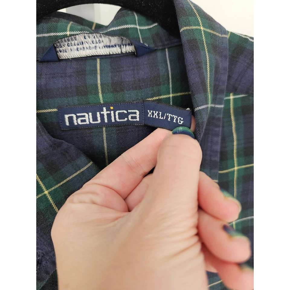 Camisa xadrez masculina vintage náutica tamanho XXL manga longa com botões azul verde 100% algodão - Imagem 3 de 4
