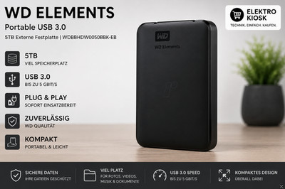 WD Elements Portable USB 3.0 - 5TB - HDD - WDBBHDW0050BBK-EB Externe Festplatte