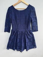 Boohoo Dress Size 12 Navy Blue Floral Lace Fit & Flare Sheer 3/4 Sleeve Party