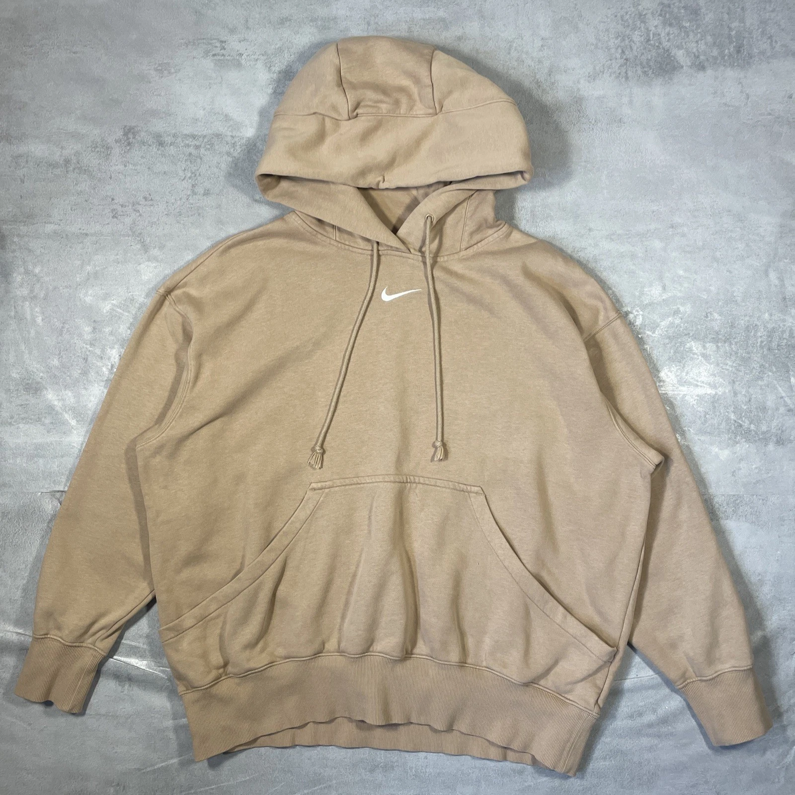 Nike Hoodie Mens Medium Beige Centre Swoosh Oversized Pullover Sweatshirt