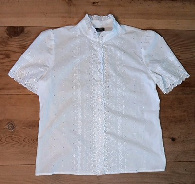 AM Casuals Lori of California Eyelet Blouse Womens 10 White Embroidered USA Made
