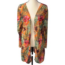 Boho Tropical Hibiscus Kimono Sheer Mesh Floral Duster Beach Coverup Festival