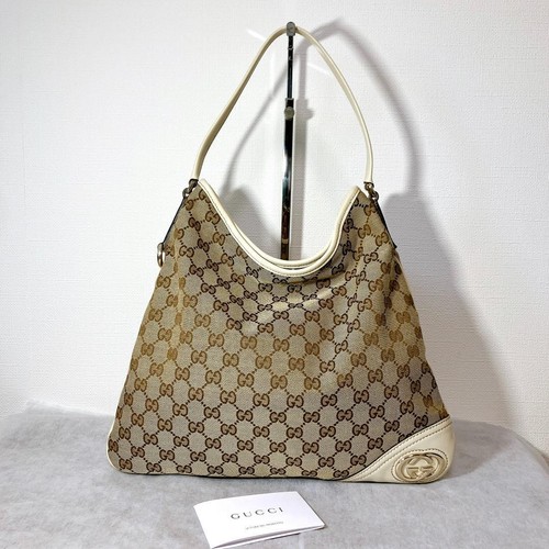 GUCCI Hobo GG Canvas Shoulder Bag 169947 Brown Leather Handbag Used AUTH