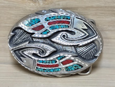 Vintage Silver Tone Turquoise and Coral Belt Buckle EGE 95
