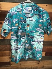 RJC Hawaiian Shirt Camp Ocean Life Fish Dolphin Vintage Made in USA Mens L