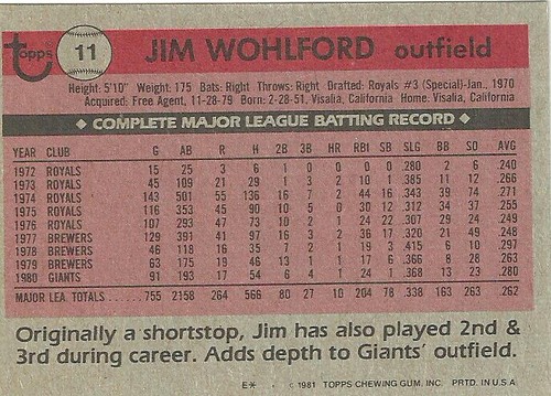 JIM WOHLFORD SAN FRANCISCO GIANTS #11 - TOPPS NM-MT 1981 - Picture 2 of 2