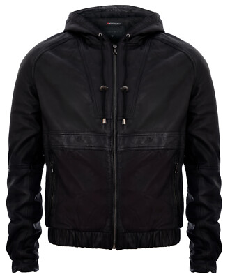 Men's Black Vintage Retro Casual Zipped 100% Leather Hooded Bomber