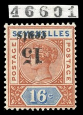 Seychelles 1893 QV 15c on 16c chestnut & blue SURCHARGE INVTD (CERT) MLH. SG 18a