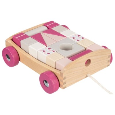 GOKI Ziehwagen mit 20 Bausteinen Lifestyle Beere Holzbausteine Bauklötze Rosa