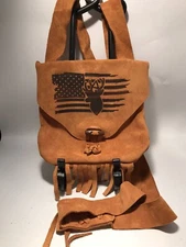 Muzzleloading black powder  Fringed Engraved Bag Handcrafted Brown Suede Leather