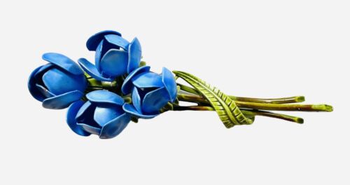 VINTAGE BLUE ENAMELED FLOWER STEM BOUQUET BROOCH … - image 1