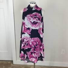 Eliza J S 6 Navy blue Pink Floral Swing dress Mock Neck Jackie O Cocktail Party!