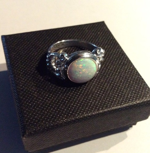 Antique style Sterling Silver Fire Opal Round Scroll openwork Cocktail Ring 9 R - Picture 3 of 11