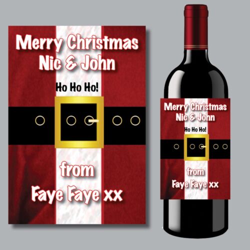 PERSONALISED WINE GIN VODKA BOTTLE LABEL CHRISTMAS SANTA BELLY XMAS STICKER - 32 - Picture 1 of 2