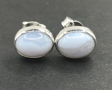 Image of Blue lace agate oval stud earrings, solid Sterling silver, 9 x 7mm. Gift box. #2