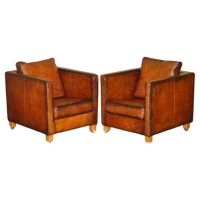 RESTORED PAIR OF MOROSO CROCODILE ALLIGATOR PATINA BROWN LEATHER CLUB ARMCHAIRS - Image 1 of 4