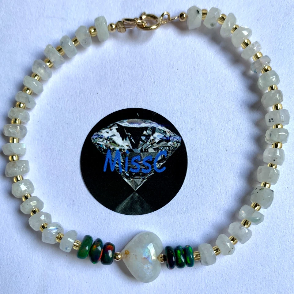 9CT GOLD RAINBOW MOONSTONE HEART AND DARK FIRE OPAL  BRACELET  HANDMADE IN UK - Image 3 of 4