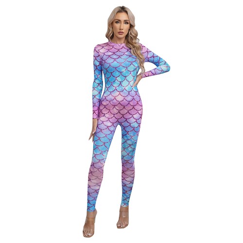 Women Mermaid Cosplay Costume Jumpsuit Fish Scale Print Bodysuit Catsuit AU - Picture 83 of 93