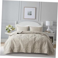 Damask Quilt Size Bedding Sets with 1 Pillow Sham, Boho Bedspread Twin Beige
