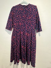 Navy Pink Floral Fit  Flare Knee Length Dress 3/4 Sleeve Zip Round Neck