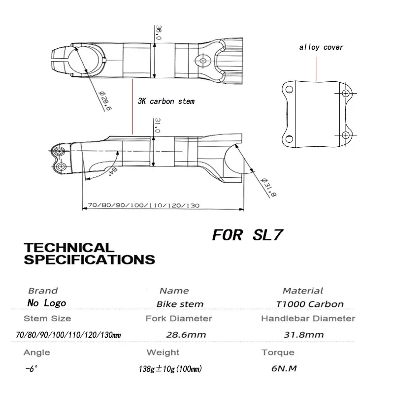 For SL7 Carbon Stem MTB/Road Bicycle Stem 6 Degree 70-130mm Internal Wiring - Image 2 of 4