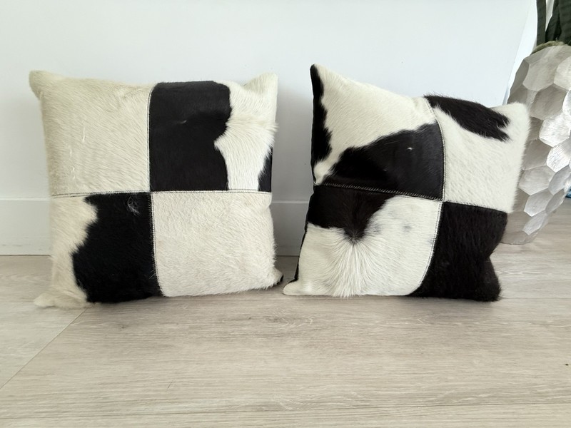 CB2 Black/White Cowhide Patchwork Square Textured Decorative Pillows Set of 2