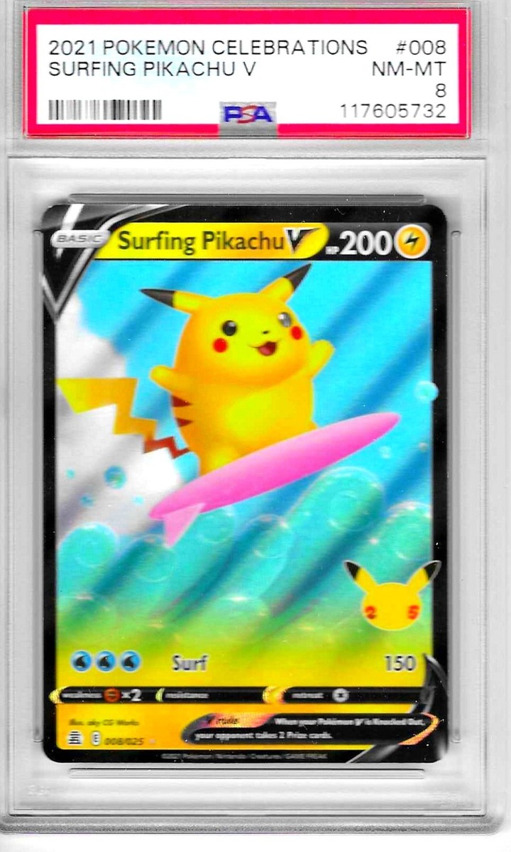 2021 POKEMON CELEBRATIONS SURFING PIKCHU V HOLO #008 PSA 8 NM-MT