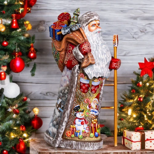 Wooden carved Santa Claus figurine 12" Handmade Christmas Home decoration indoor