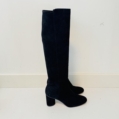 Stuart Weitzman Boots Womens 6.5 Black Suede Riding Knee High Block Heel Pull On