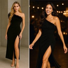 Mac Duggal Black Feather One Shoulder Draped Slit Gown Formal Evening Dress NWT