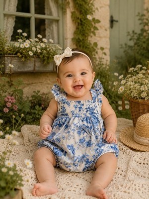 Ralph Lauren Baby Girl 3M Blue White Floral Smocked Bubble Romper 3 Months