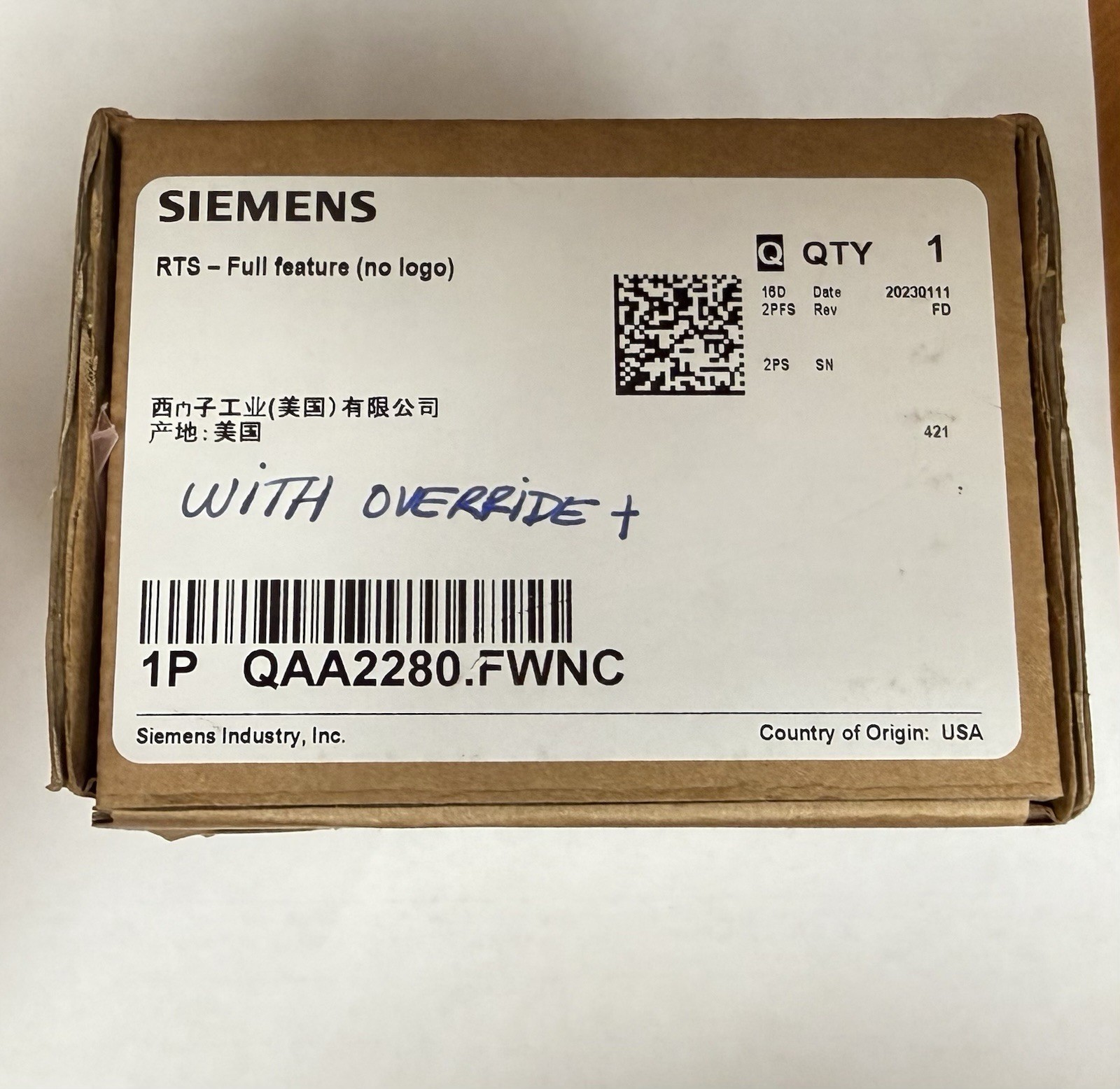 Siemens QAA2280.FWNC Room Temperature Sensor Thermostat with Override