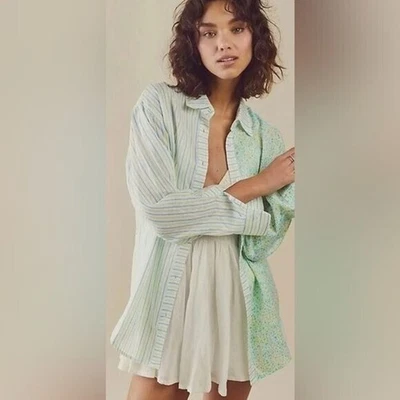 Chemise À Boutons FREE People Unie Et Rayée Grande Verte/Jaune/Fleurie - Photo 1/4